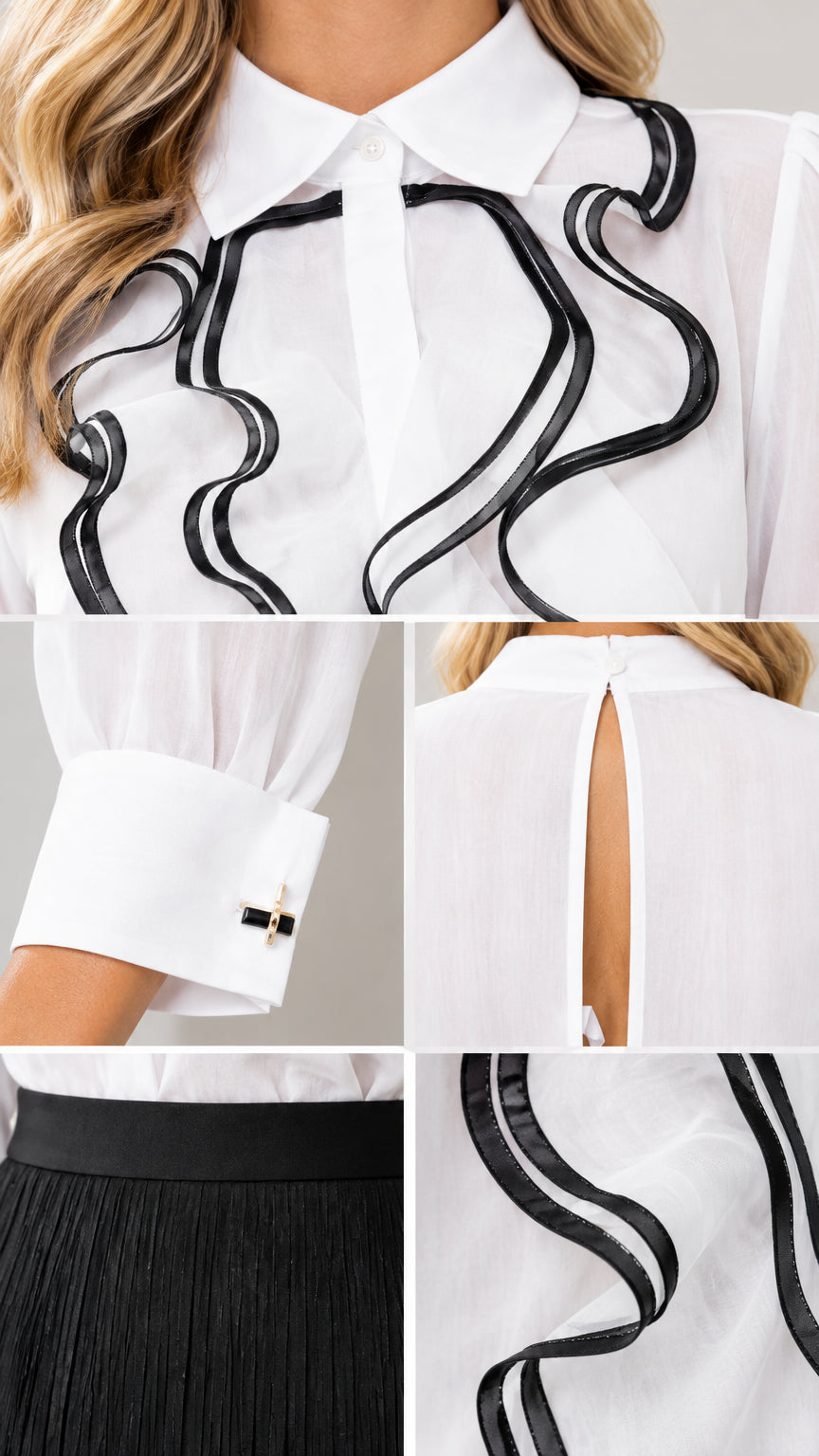 Close-up details of pointed collar with wavy trim, buttoned cuff, back keyhole, and fringe skirt waistband