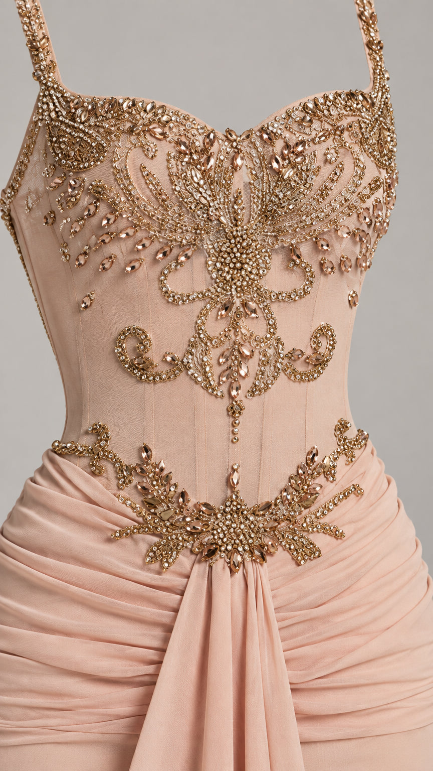 Close-up detail of ornate gold and crystal beaded corset bodice with delicate straps