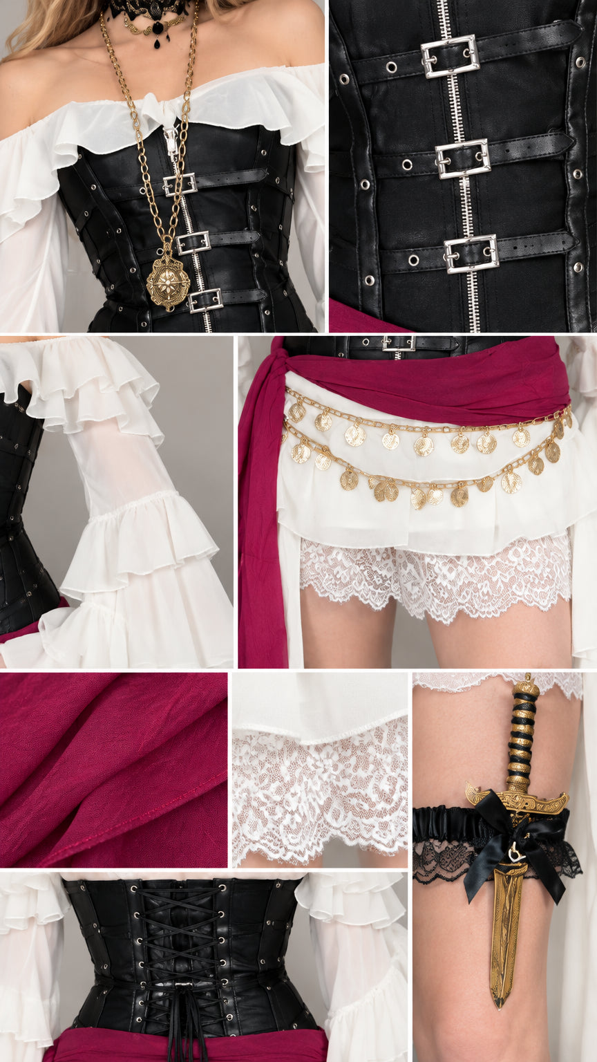 Detailed close-up collage showing corset buckle hardware, lace trim, waist coin chain, and garter detail