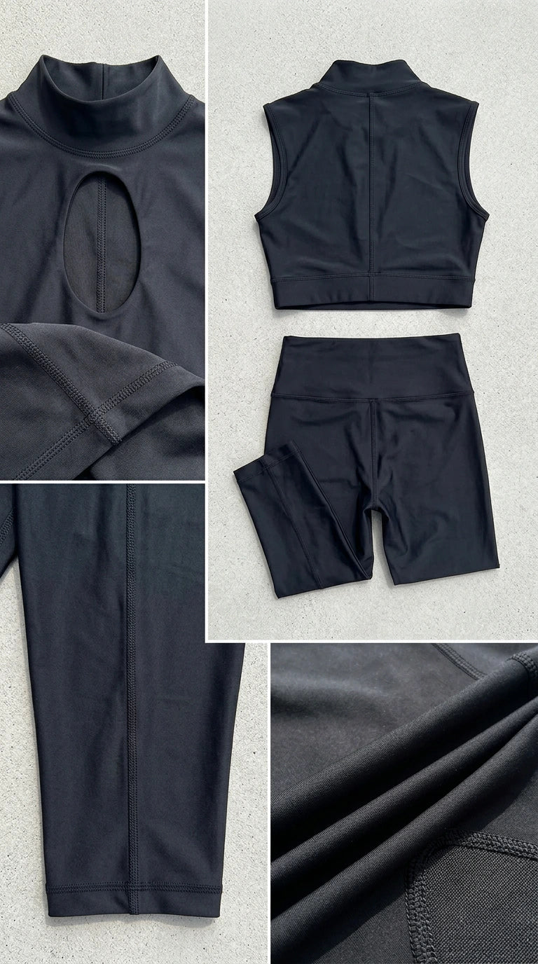 Flat lay and close-up detail photos showing neckline cutout, seam construction, and stretch fabric of black set