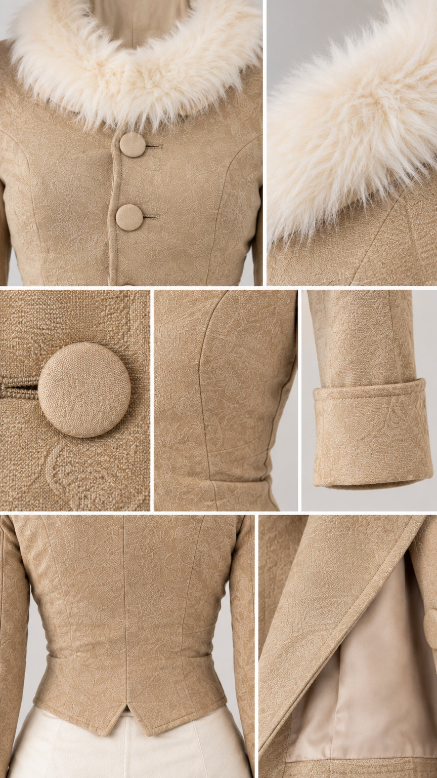 Detailed collage showing faux fur collar, fabric covered buttons, sleeve cuffs, and inner lining