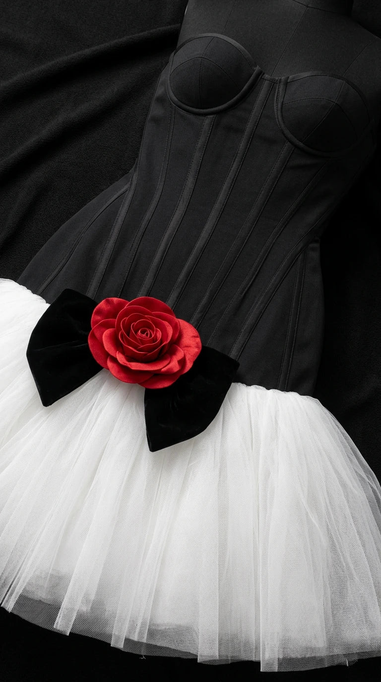 Close-up of black boned corset bodice with black bow and red rose appliqué over white tulle