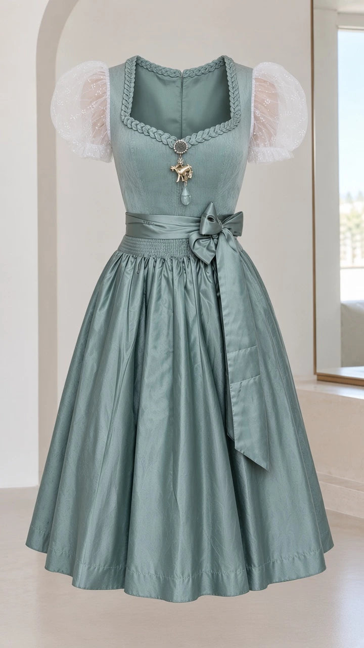 Full garment view of sage green dirndl dress with neckline trim and bodice pendant