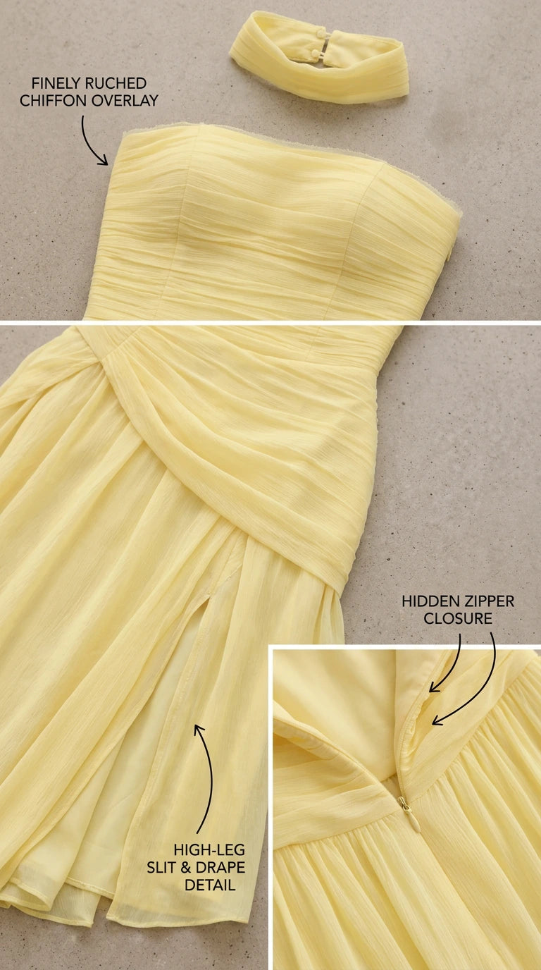 Detailed close-up collage of ruched chiffon overlay, matching choker, high-leg slit, and hidden zipper