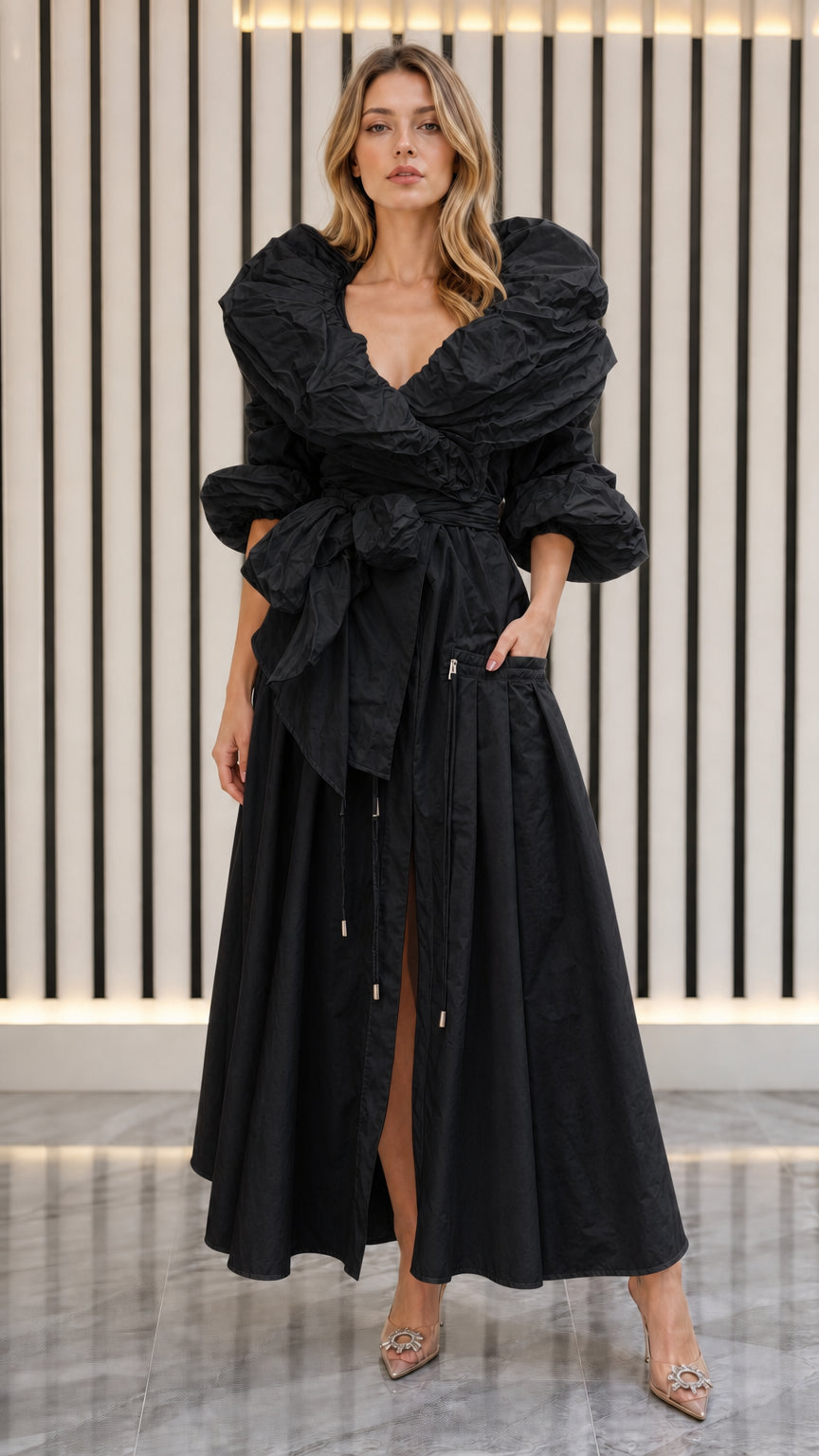 Model wearing black ruched ruffle collar belted maxi dress