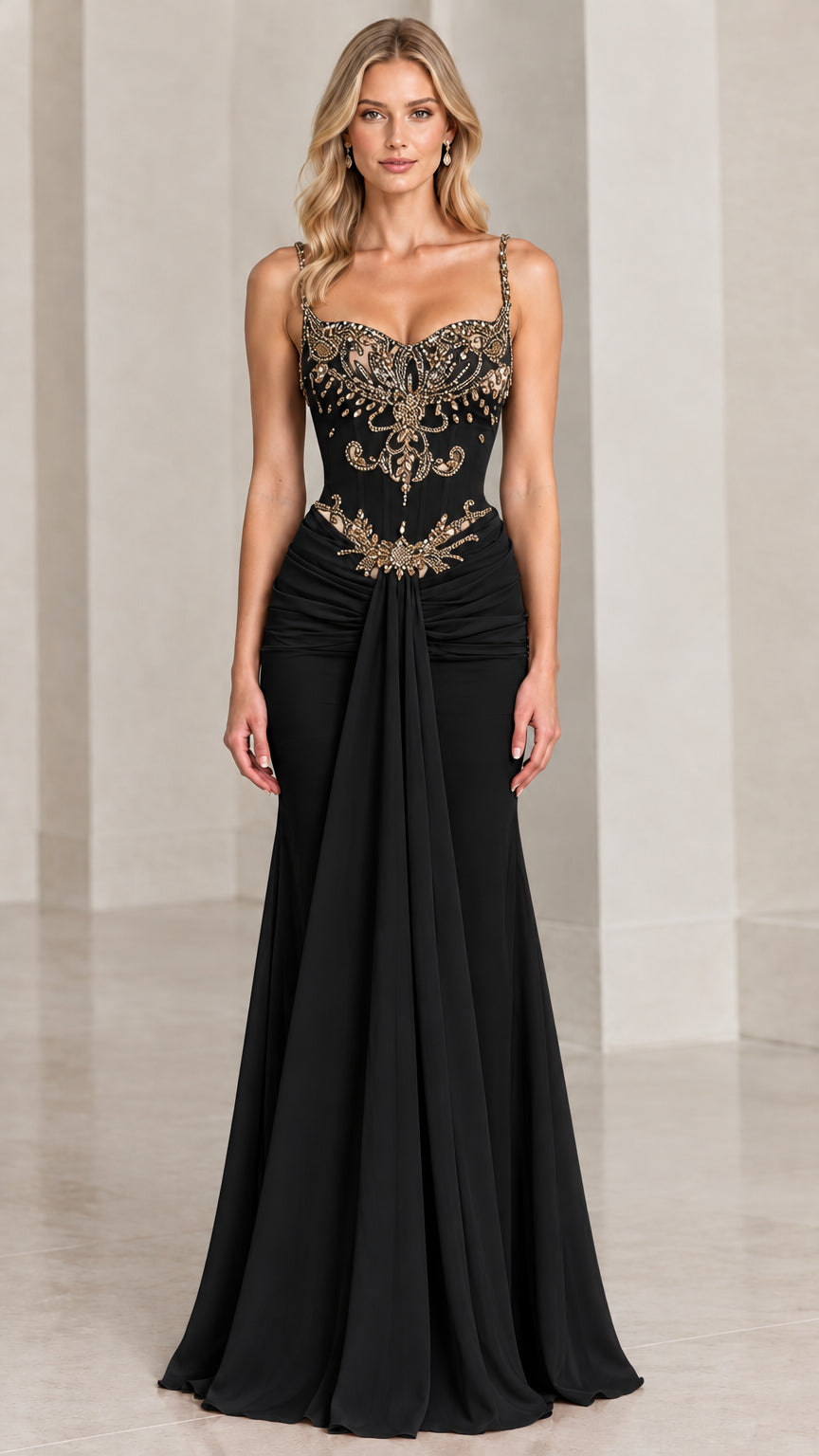 Full front view of black beaded corset mermaid evening gown with draped front detail