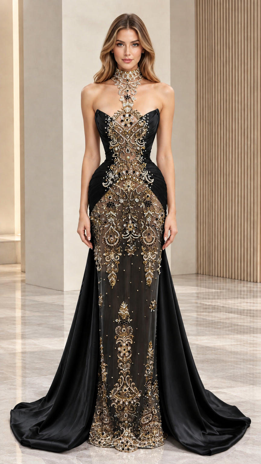 Black high-neck beaded illusion mermaid gown with draped satin side train