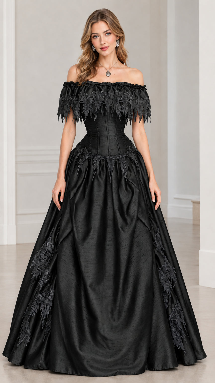 Front view of woman wearing black off-shoulder corset ball gown with lace trim