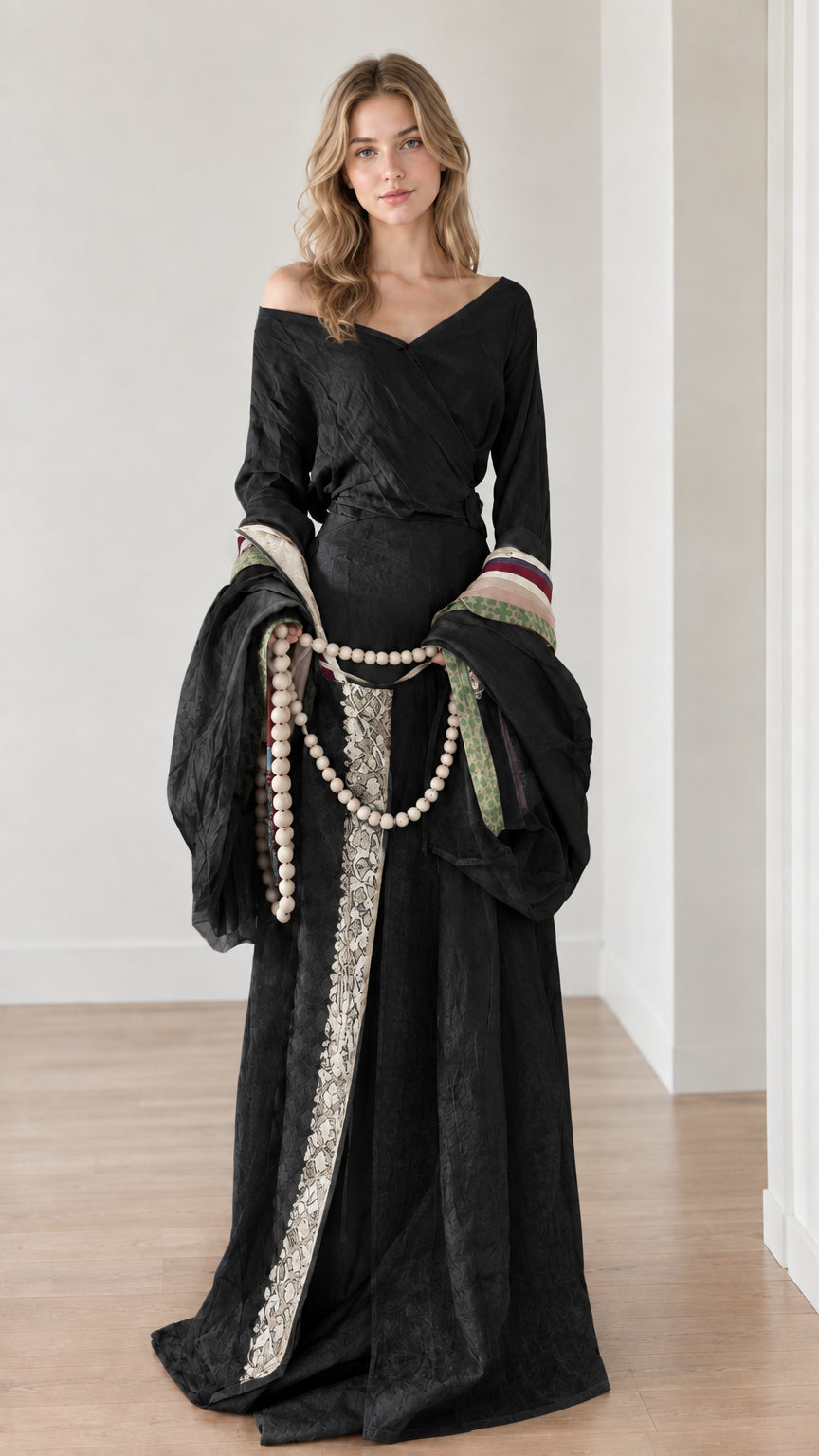 Black medieval fantasy maxi dress with contrasting brocade panel and draped sleeves