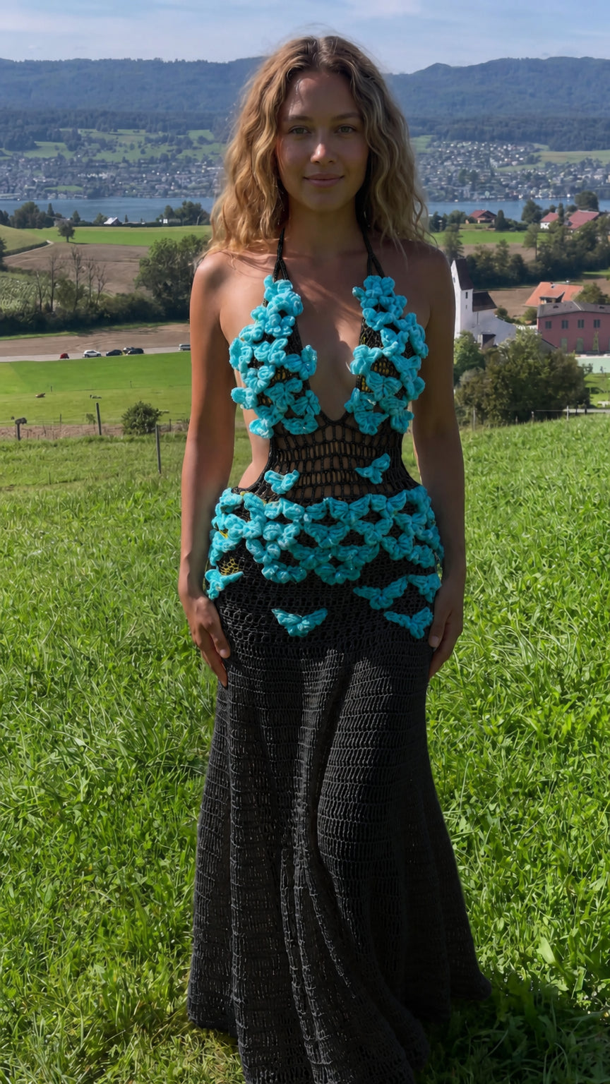 Black crochet halter maxi dress with contrast turquoise 3D floral detailing