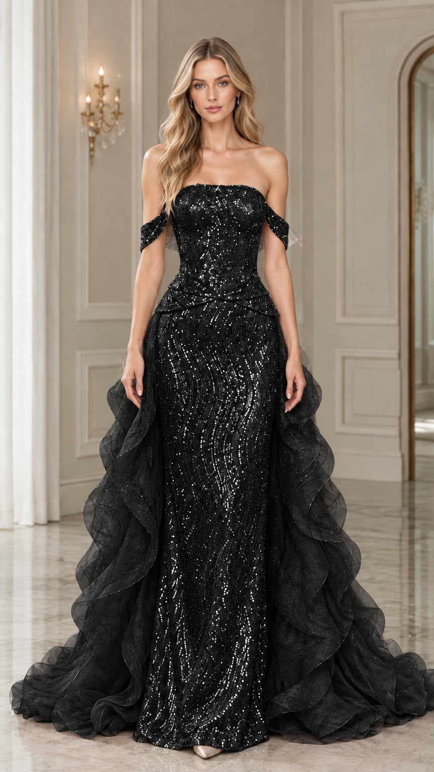 Black off-the-shoulder sequin mermaid evening gown with ruffled train
