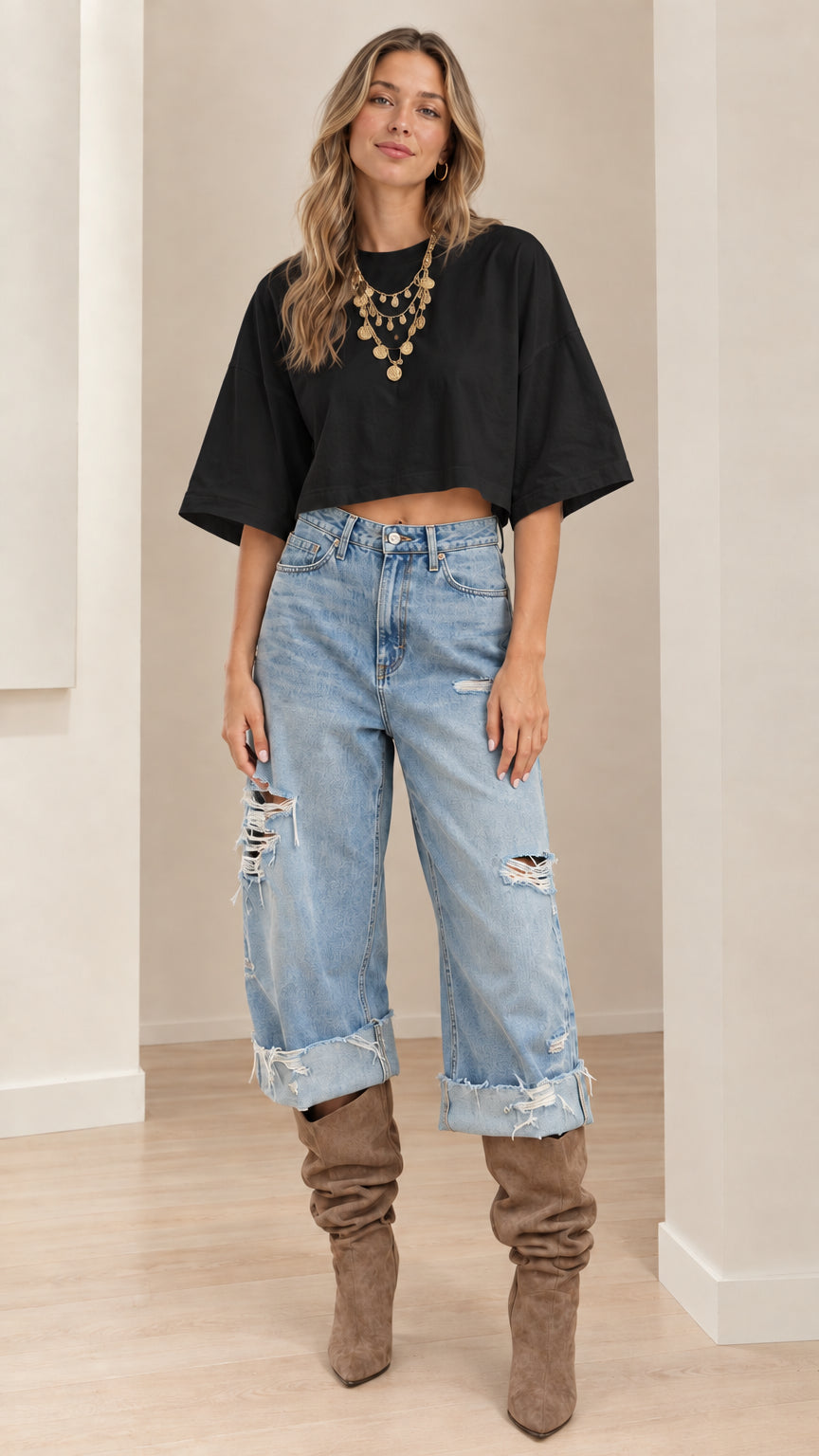 Model wearing black boxy cropped t-shirt with distressed cuffed denim jeans