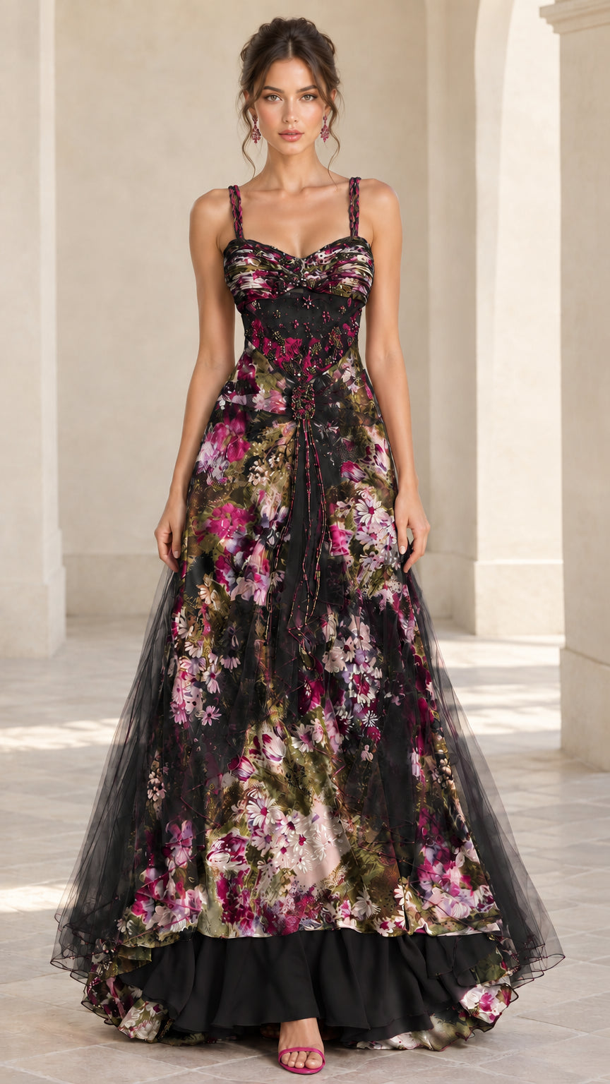 Front view of black floral sweetheart evening gown with dark tulle overlay