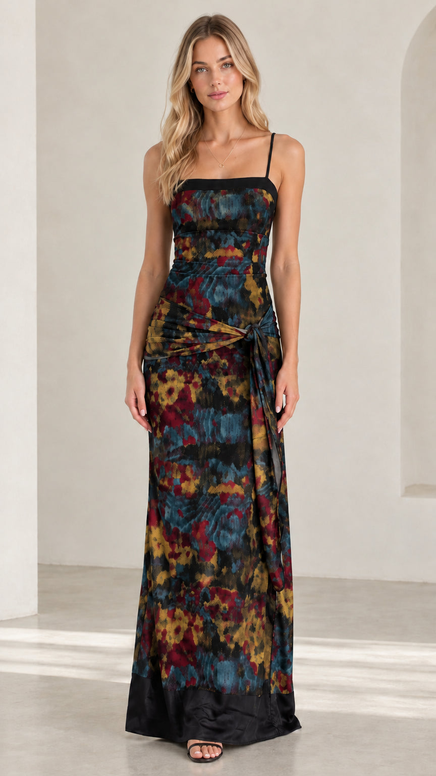 Front view of Navy Multi abstract floral printed maxi gown with dark contrast borders