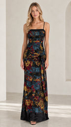 Front view of Navy Multi abstract floral printed maxi gown with dark contrast borders