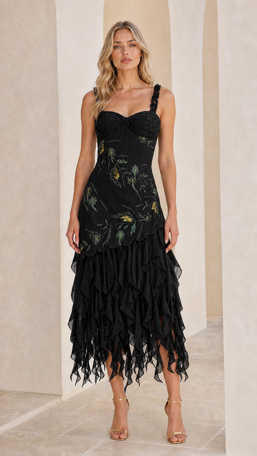 Black embroidered sweetheart tiered ruffle midi cocktail dress