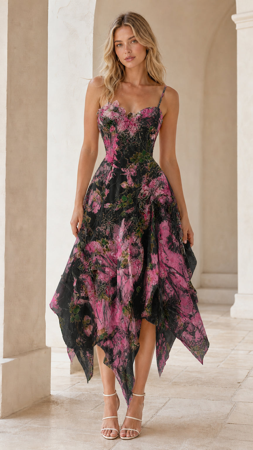 Model wearing black and pink floral asymmetric handkerchief midi dress