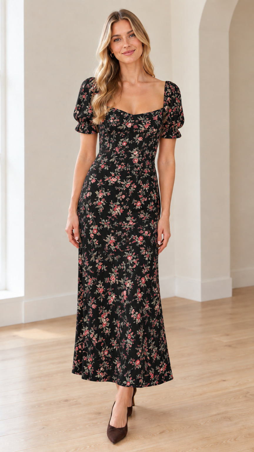 Black floral sweetheart puff sleeve maxi dress front view on model