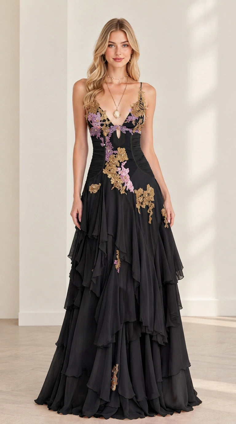 Model wearing black floral embroidered tiered ruffle formal gown