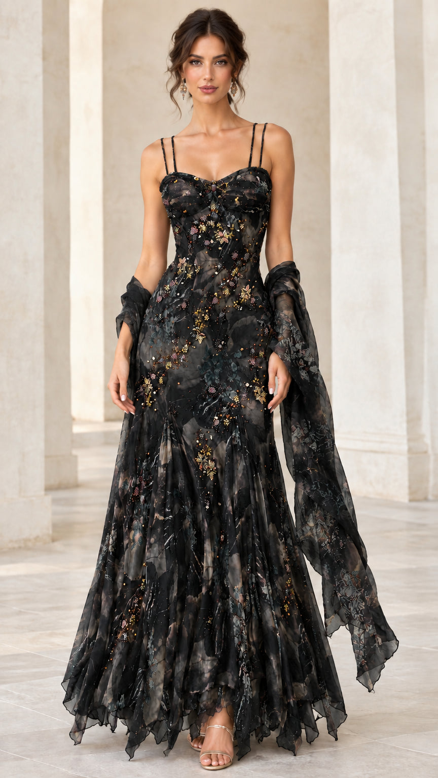 Front view of woman wearing the black floral print sweetheart evening gown with matching shawl