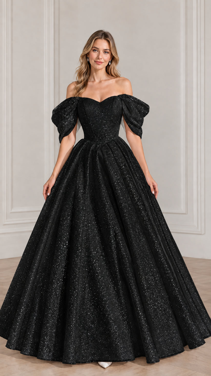 Full-length front view of model wearing black glitter off-the-shoulder puff sleeve ball gown