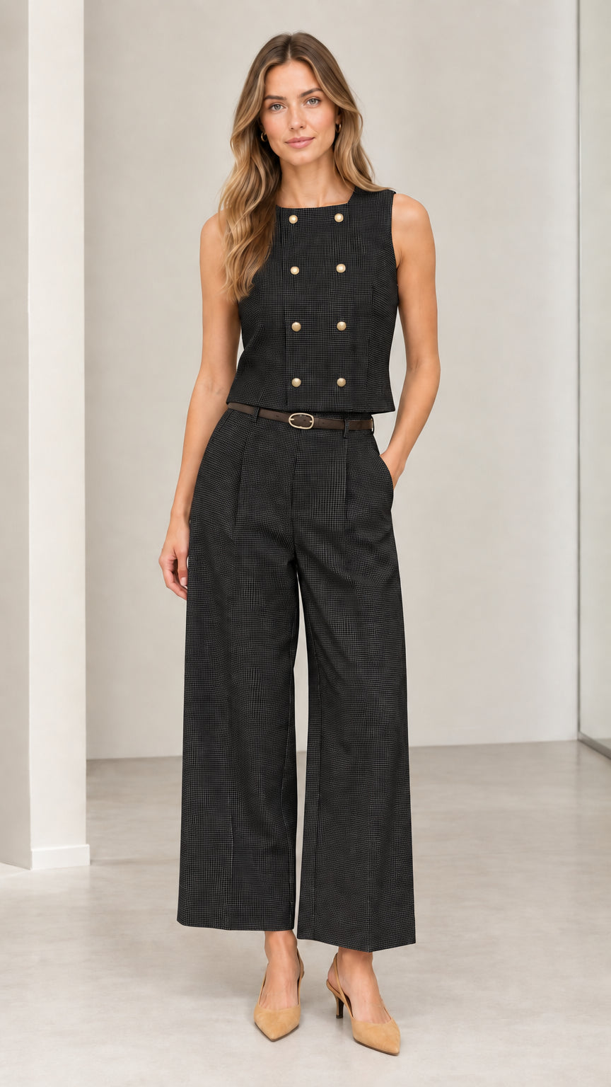 Front full-length view of model wearing black sleeveless vest and wide-leg trousers two-piece set