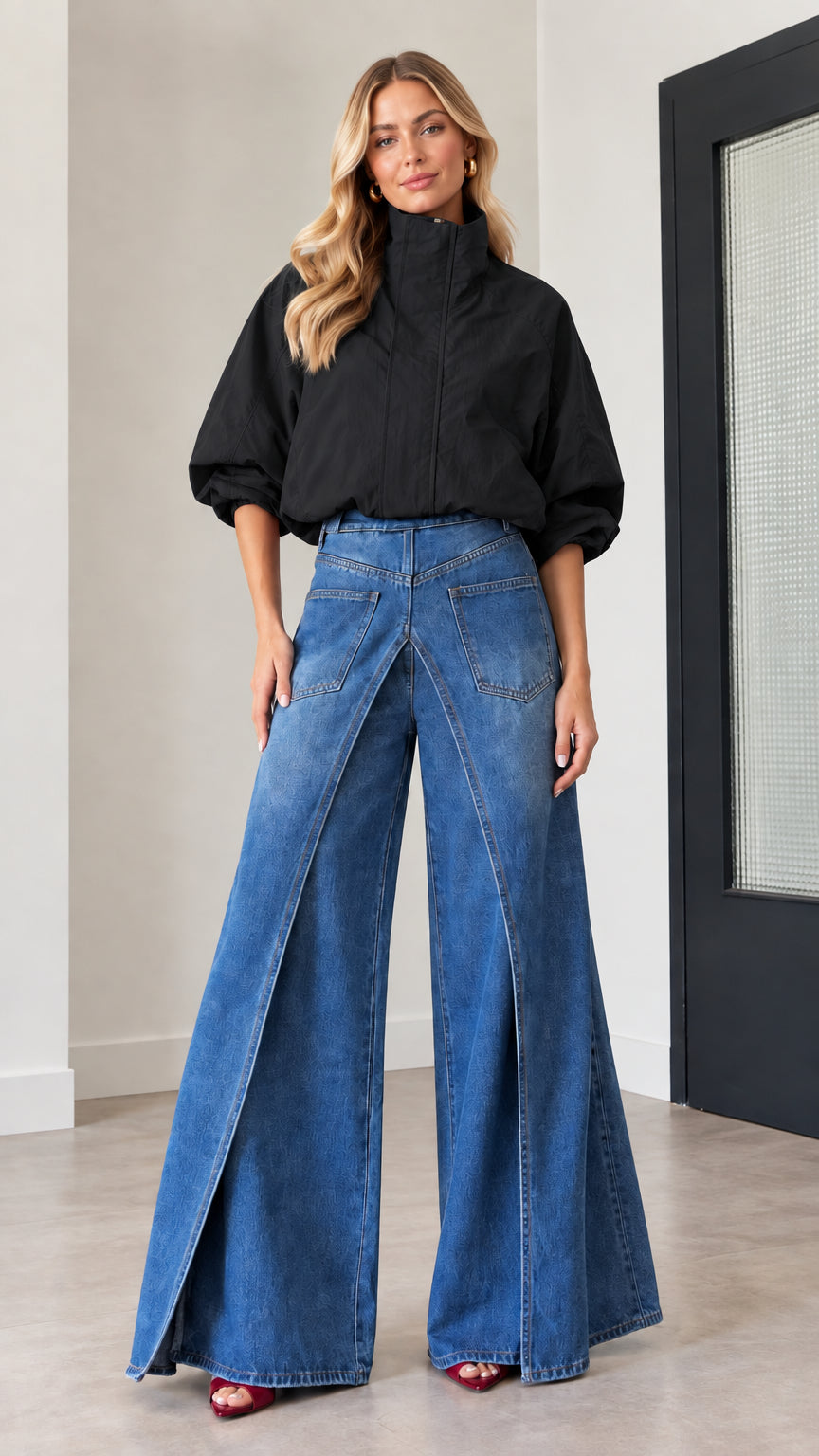 Woman wearing black high-neck windbreaker jacket with blue wide-leg overlap denim jeans