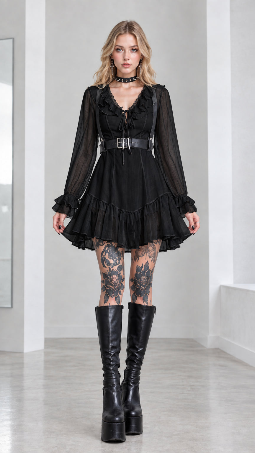 Full front view of black gothic long sleeve ruffled mini dress with black harness belt
