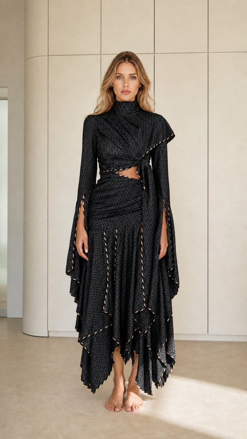 Front view of Black draped high neck cutout maxi dress with asymmetrical ruffled hem