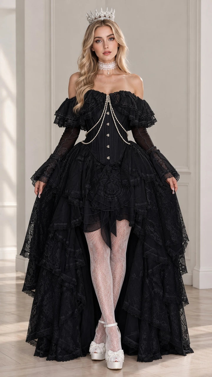 Front view of model wearing black Victorian off-shoulder lace corset gown