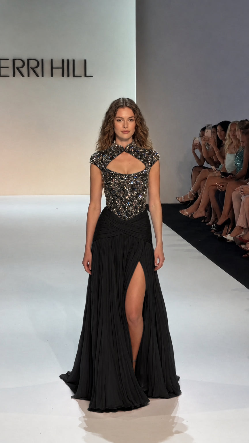 Black beaded high-neck evening gown with keyhole cutout and pleated skirt with slit