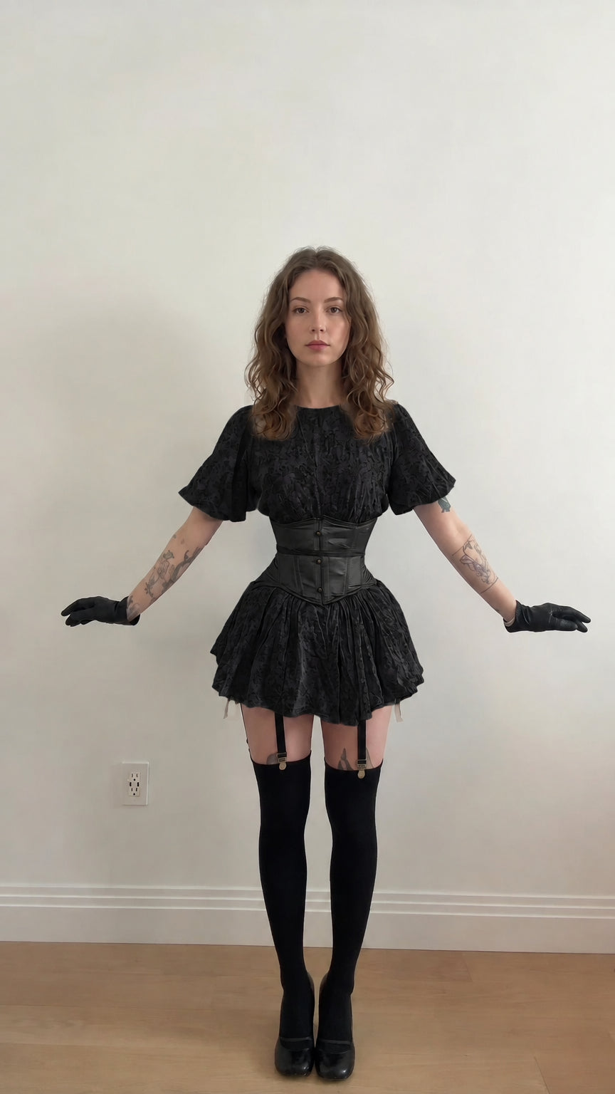 Front view of model wearing black floral puff sleeve mini dress with black underbust corset belt