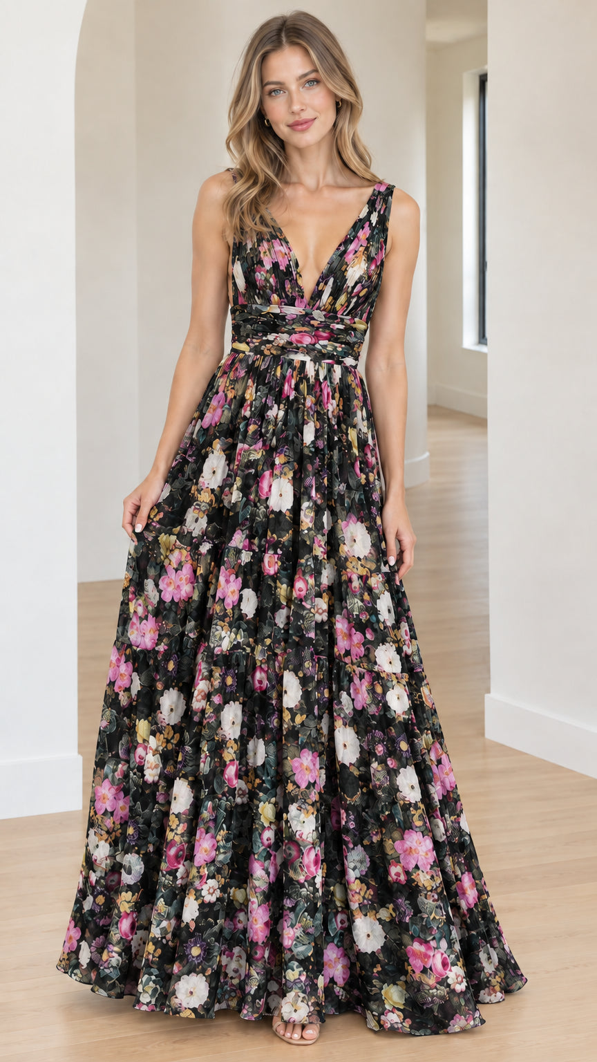 Model wearing a black floral pleated V-neck sleeveless evening maxi gown