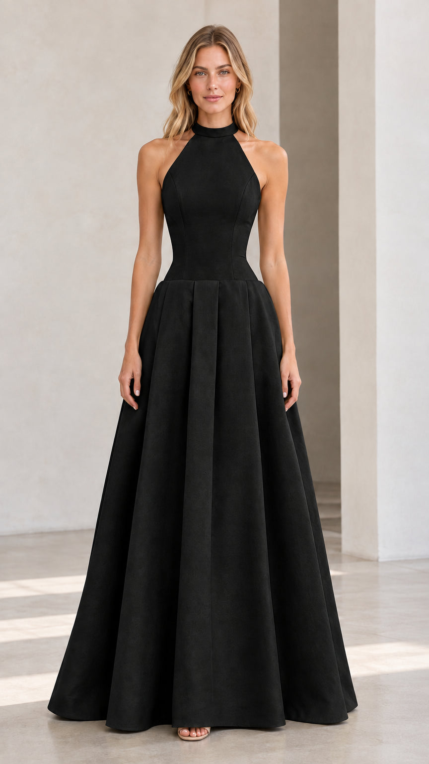 Full-length studio view of model wearing black halter pleated maxi evening dress