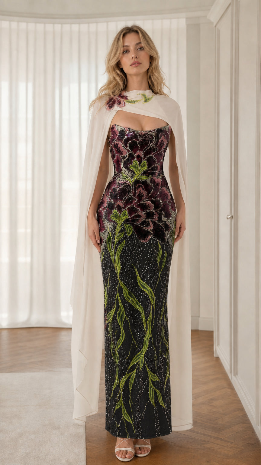 Front full-length view of black floral sequin gown with white cape overlay