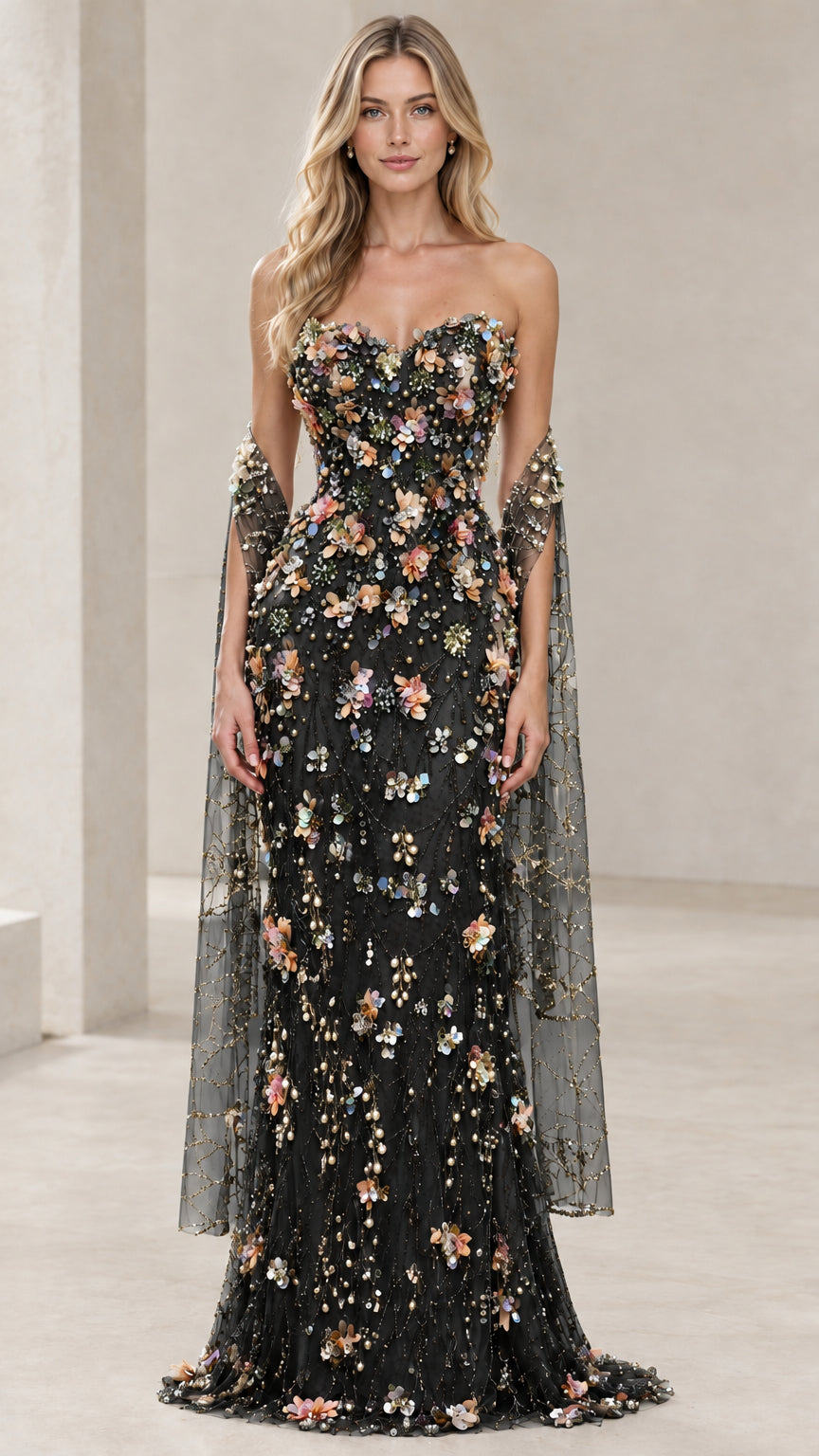 Black 3D floral applique strapless evening gown with matching tulle cape sleeves