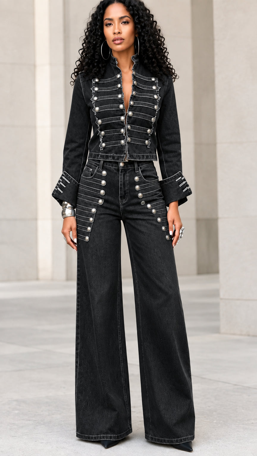 Model wearing washed black military cropped denim jacket and wide-leg pants set
