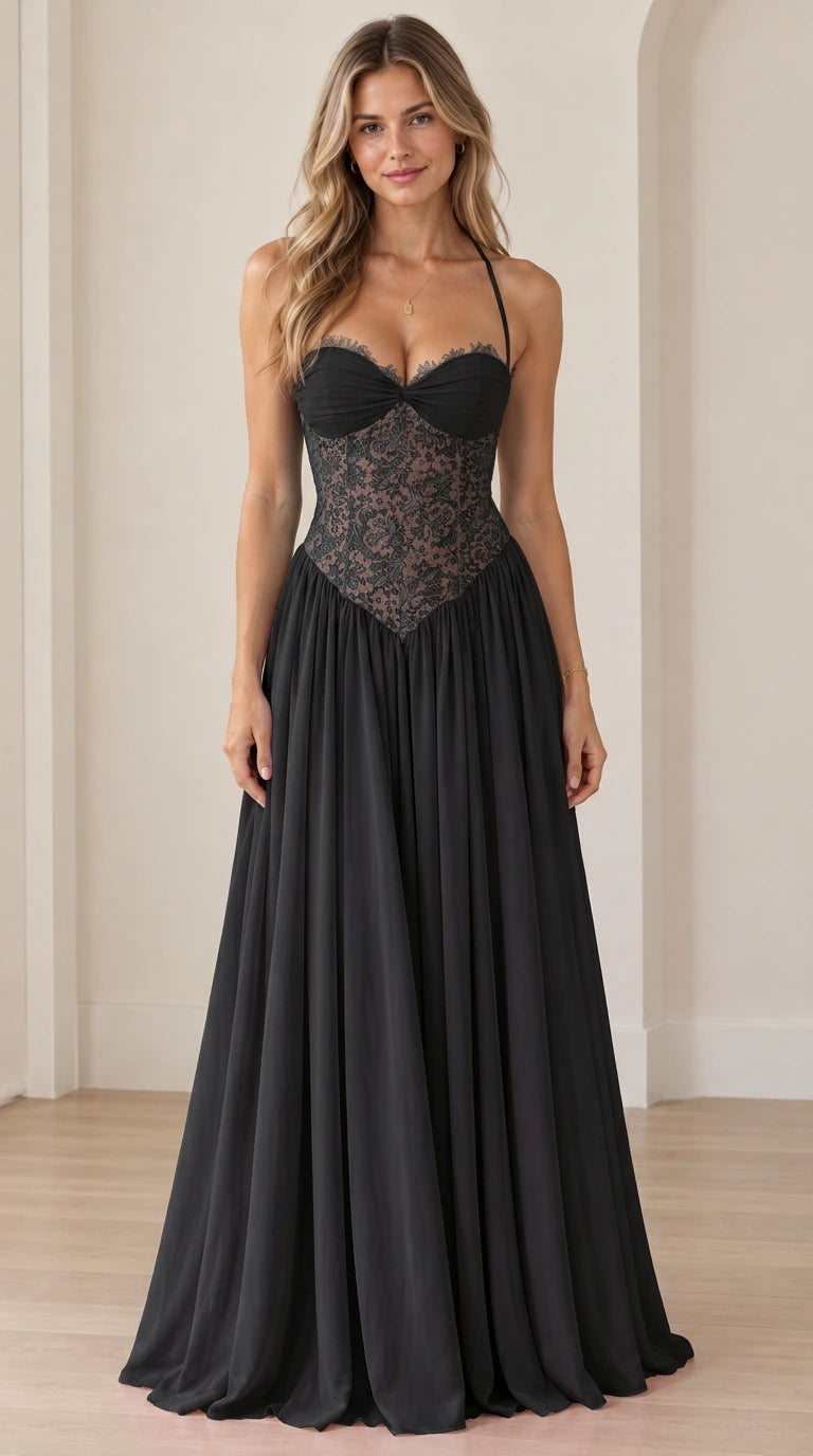 Front view of woman wearing black corset bodice basque waist maxi dress
