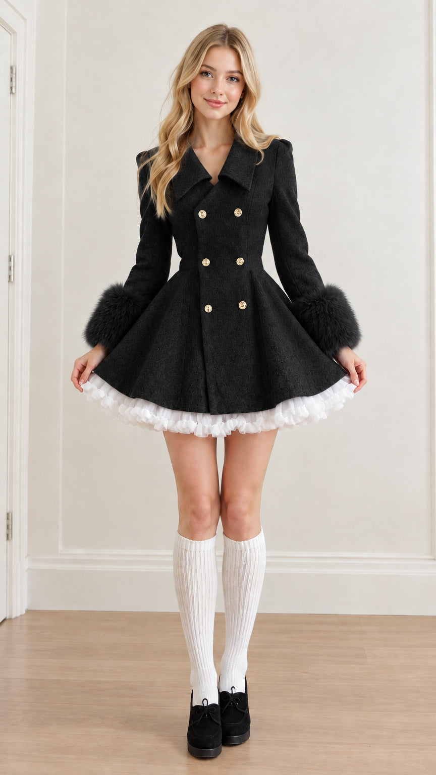Front view of black double breasted swing coat dress with matching black fur cuffs and white tulle trim