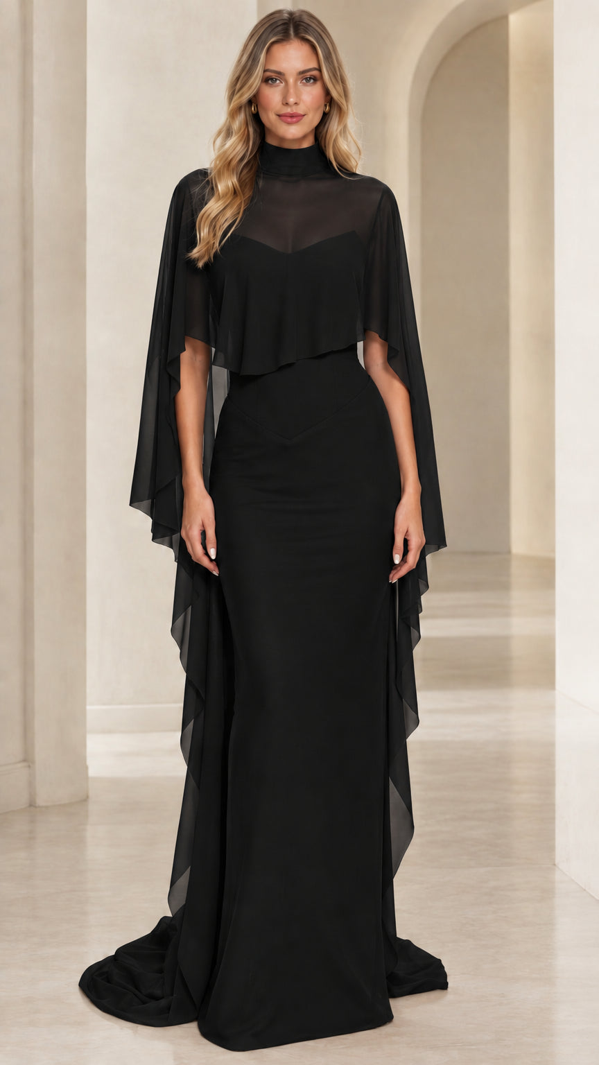 Black high neck evening gown with sheer cape overlay