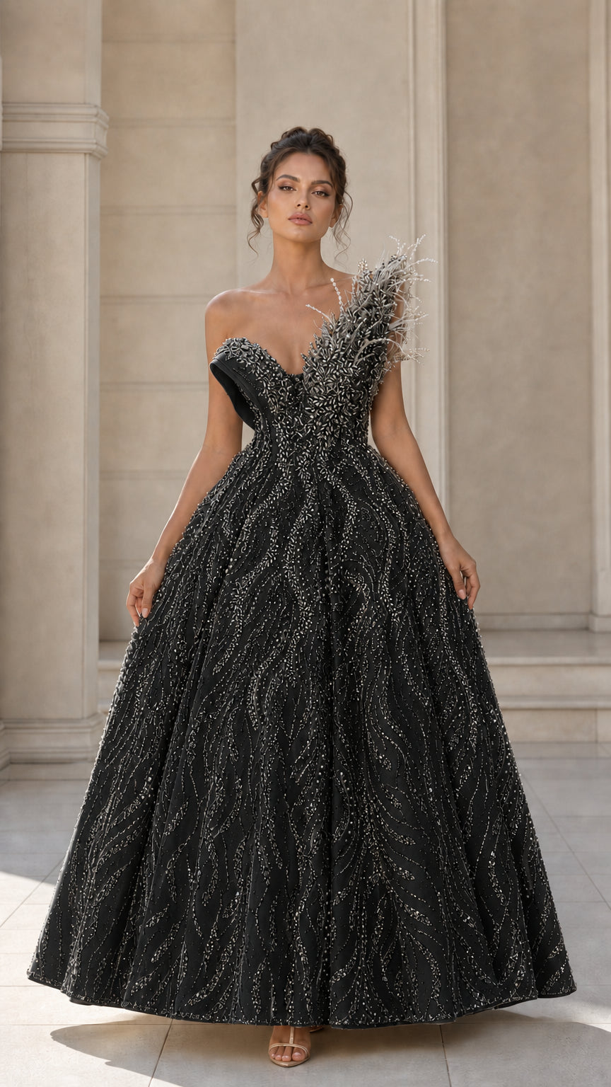 Black asymmetrical beaded evening ball gown