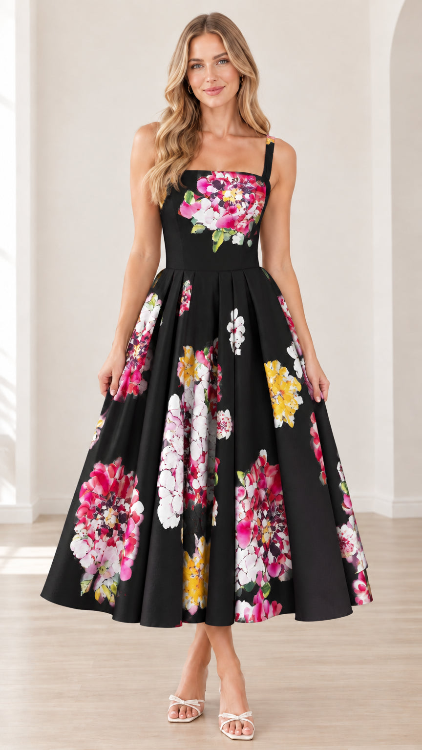 Model wearing black floral square neck pleated midi dress