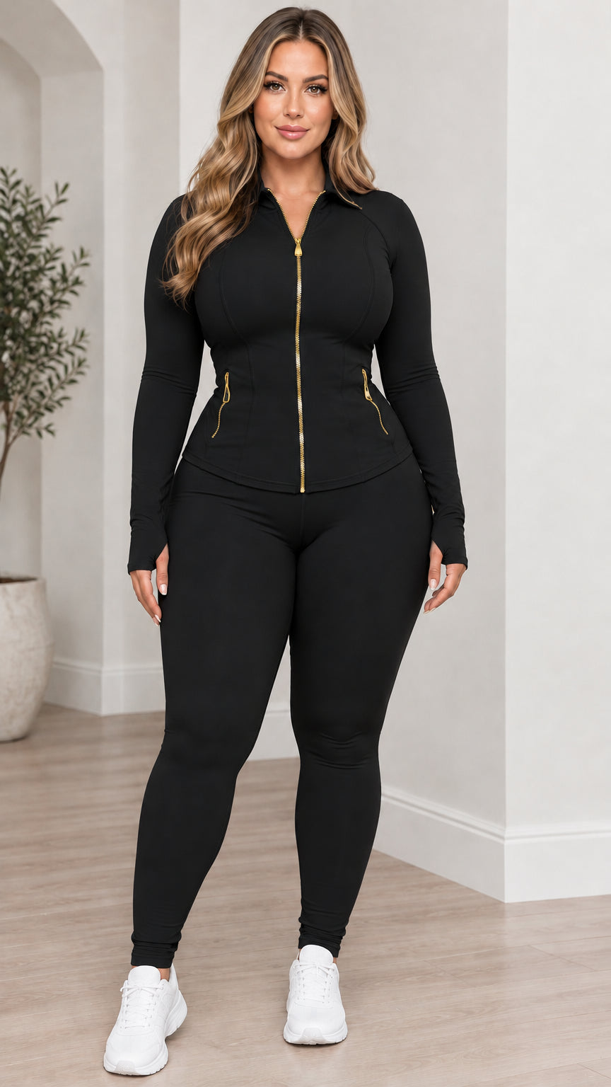 Front view of model wearing black zip-up collared jacket and high-waist leggings set