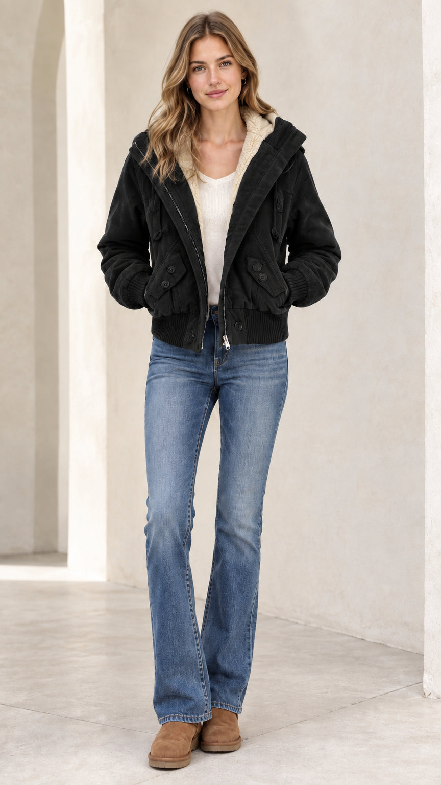 Front view of woman wearing a black fleece-lined hooded bomber jacket