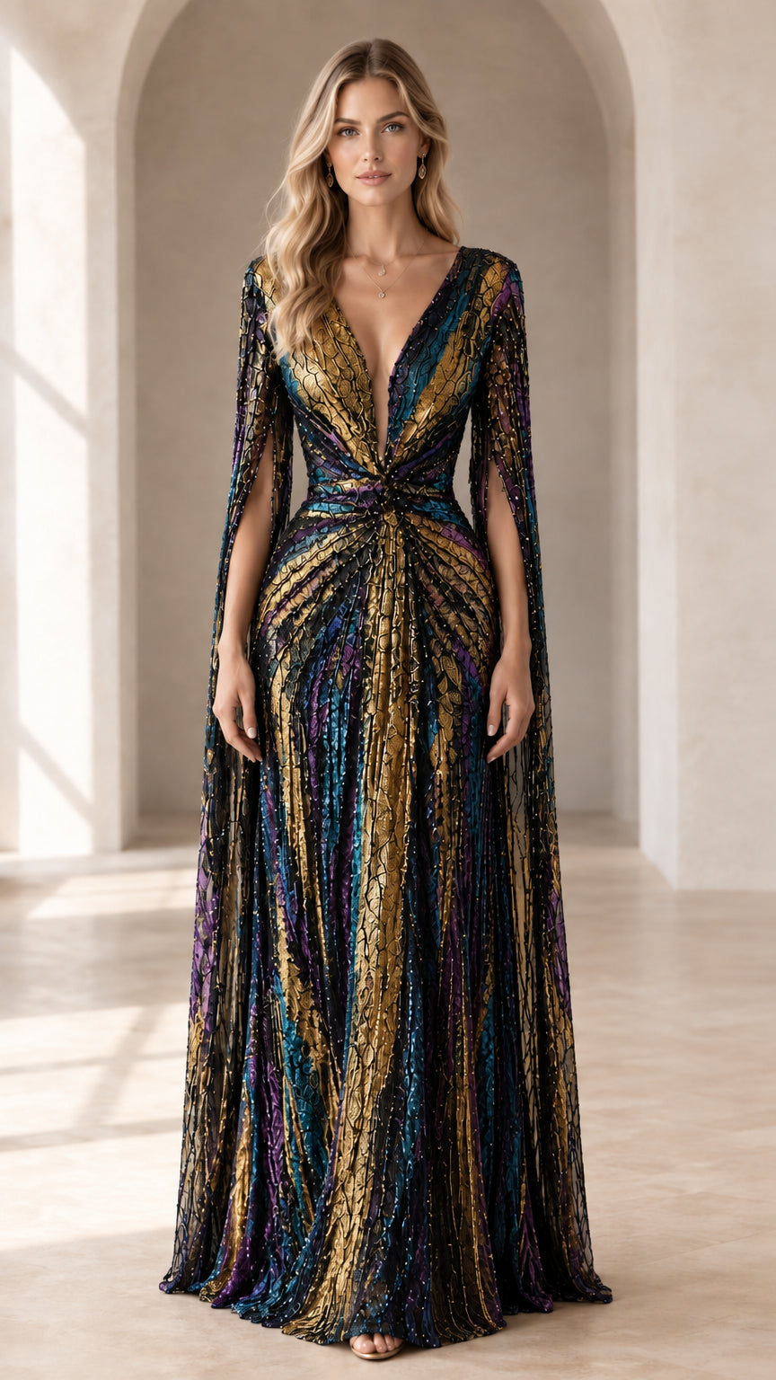 Midnight Multi dark blue and gold metallic cape sleeve plunge evening dress
