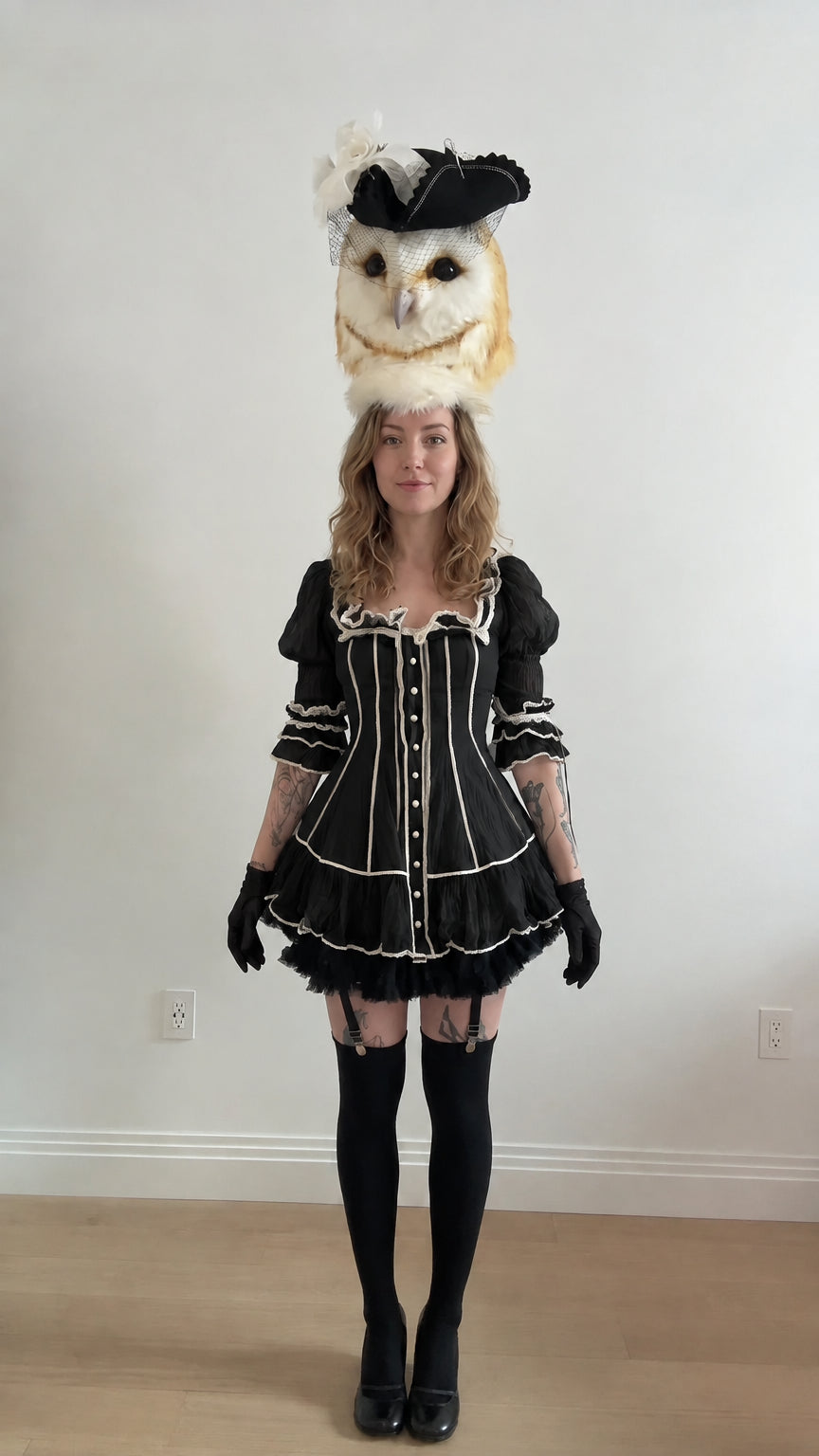Black gothic lolita mini dress with white contrast piping and layered ruffles