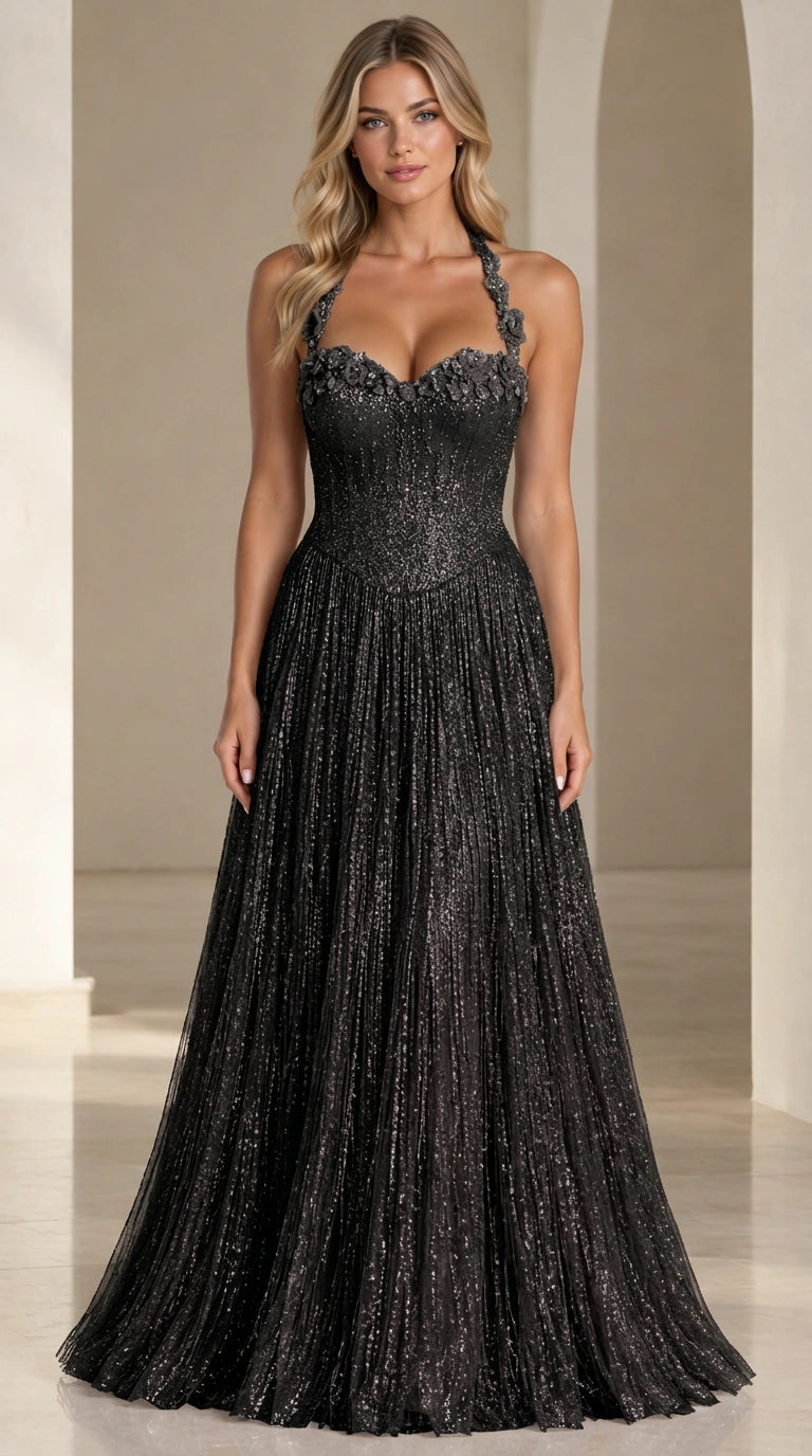 Front view of woman wearing black floral applique halter sequin evening dress