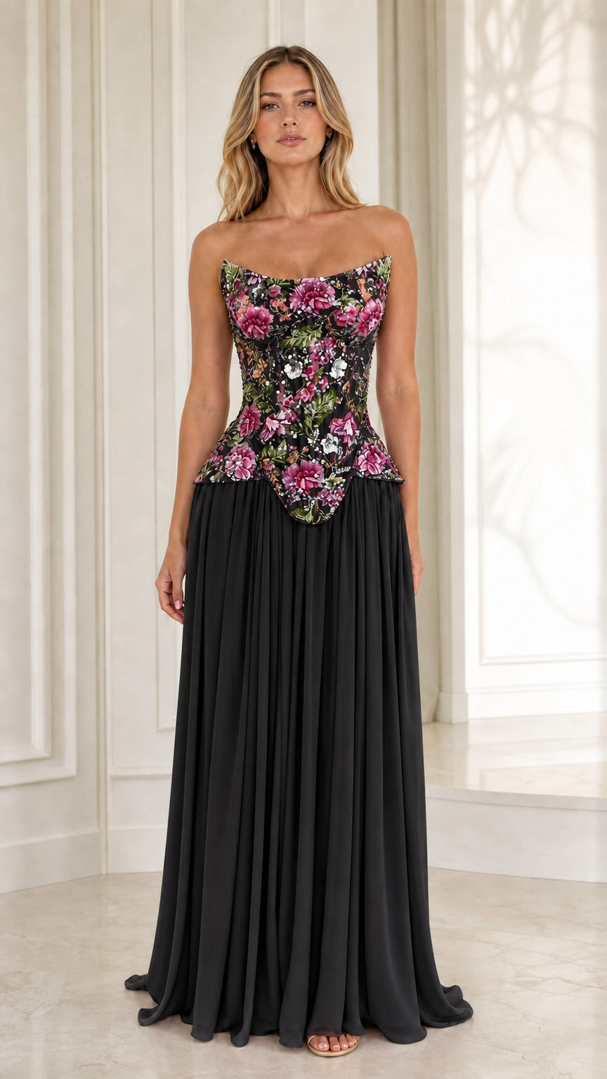 Black strapless corset maxi gown with colorful floral embroidered bodice