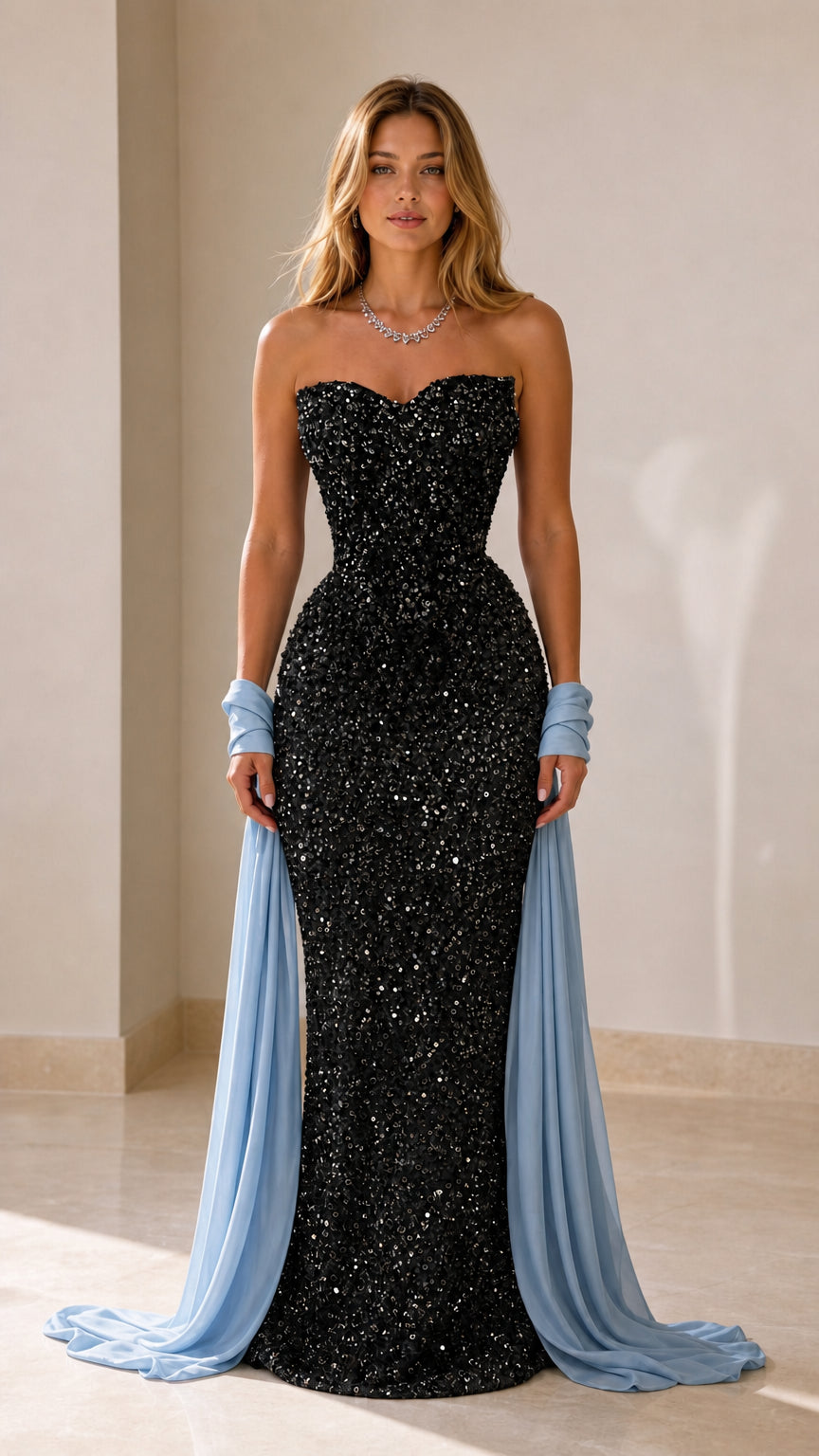 Front view of a black sequin strapless mermaid evening gown with pale blue draped accents