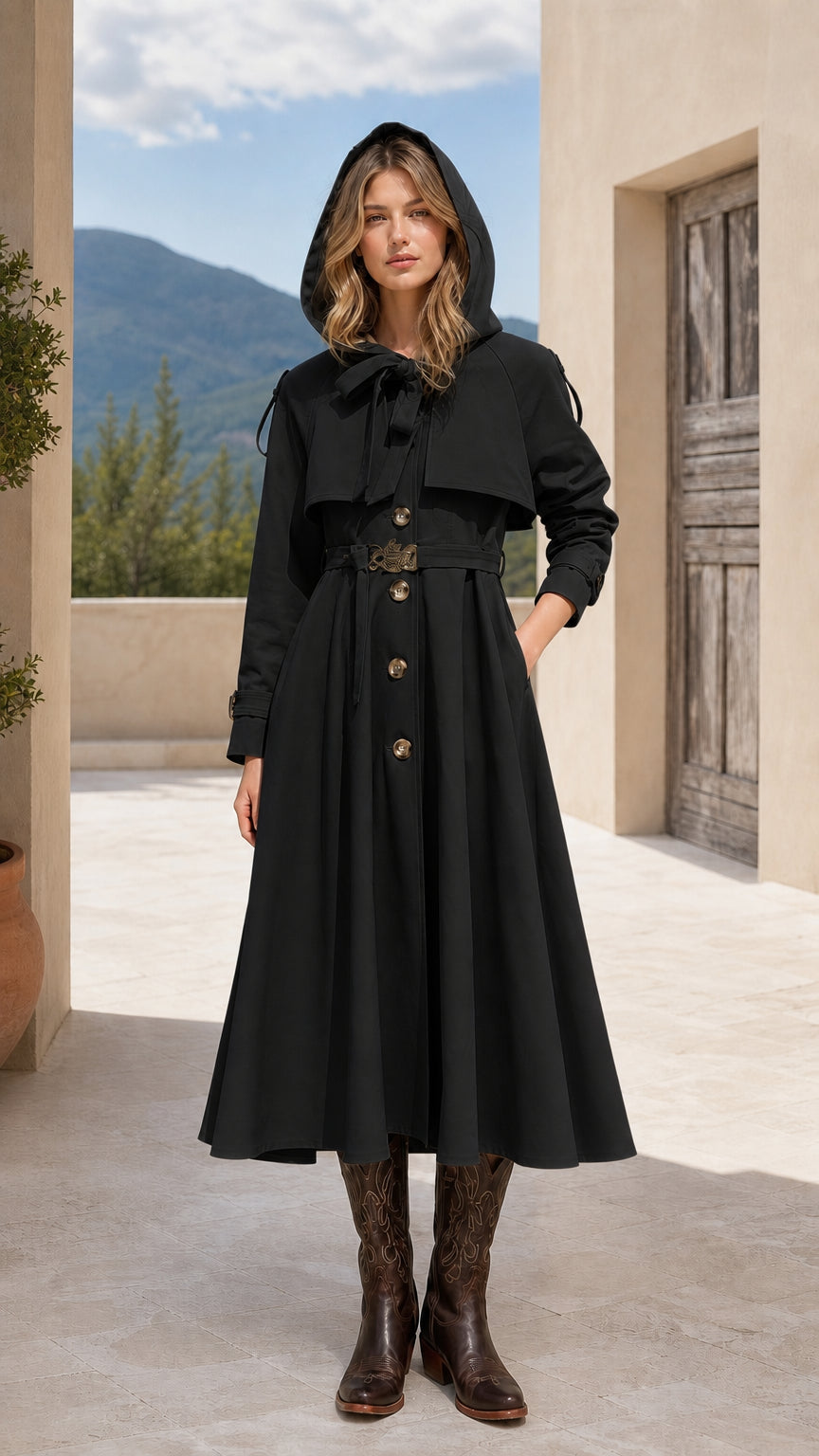 Front view of black hooded A-line belted trench coat